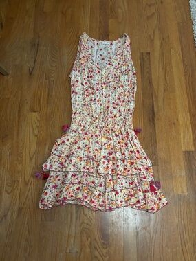 Poupette St. Barth Cream Floral Mini Dress with Pink & Orange Accents